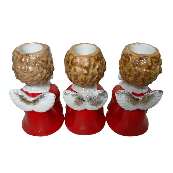 Vintage Christmas Choir Boy Angel Candleholders Japan Set of 3 Red - Picture 4 of 6